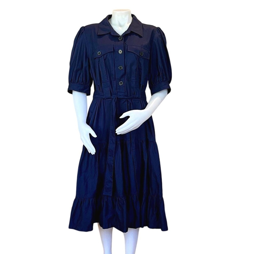Derek Lam 10 Crosby Buffy Tiered Midi Shirtdress Navy Blue Sz 16 Utility Classic - Picture 2 of 8